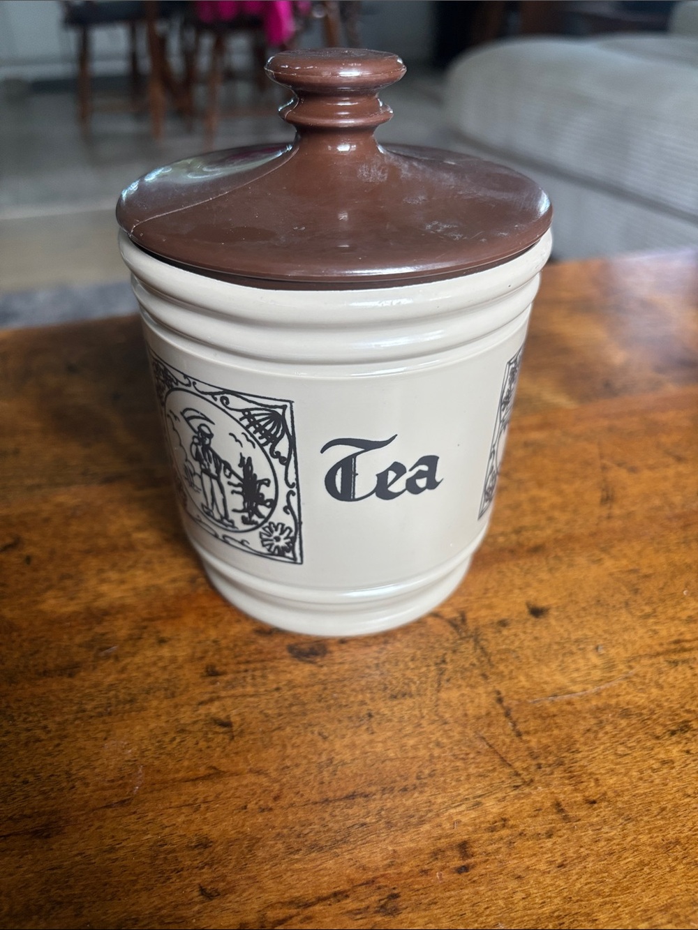Vintage Beige Brown Tea Canister Classic Kitchen Storage Mid Century Modern